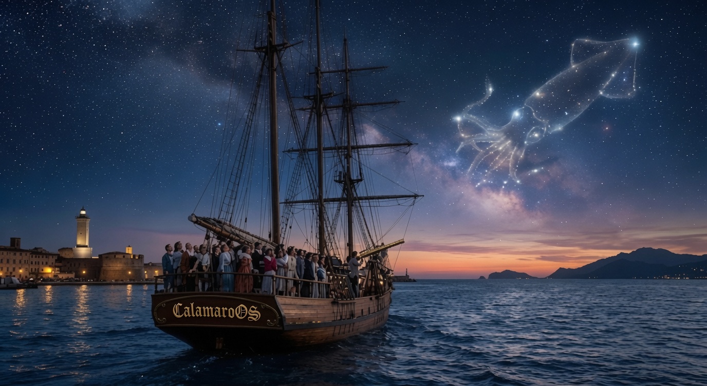 CalamaroOS - veliero sotto la costellazione del calamaro al largo di Livorno