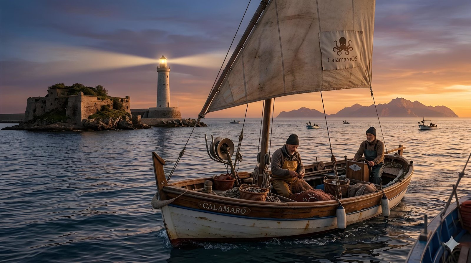 Pescatori sulla barca Calamaro al tramonto con faro