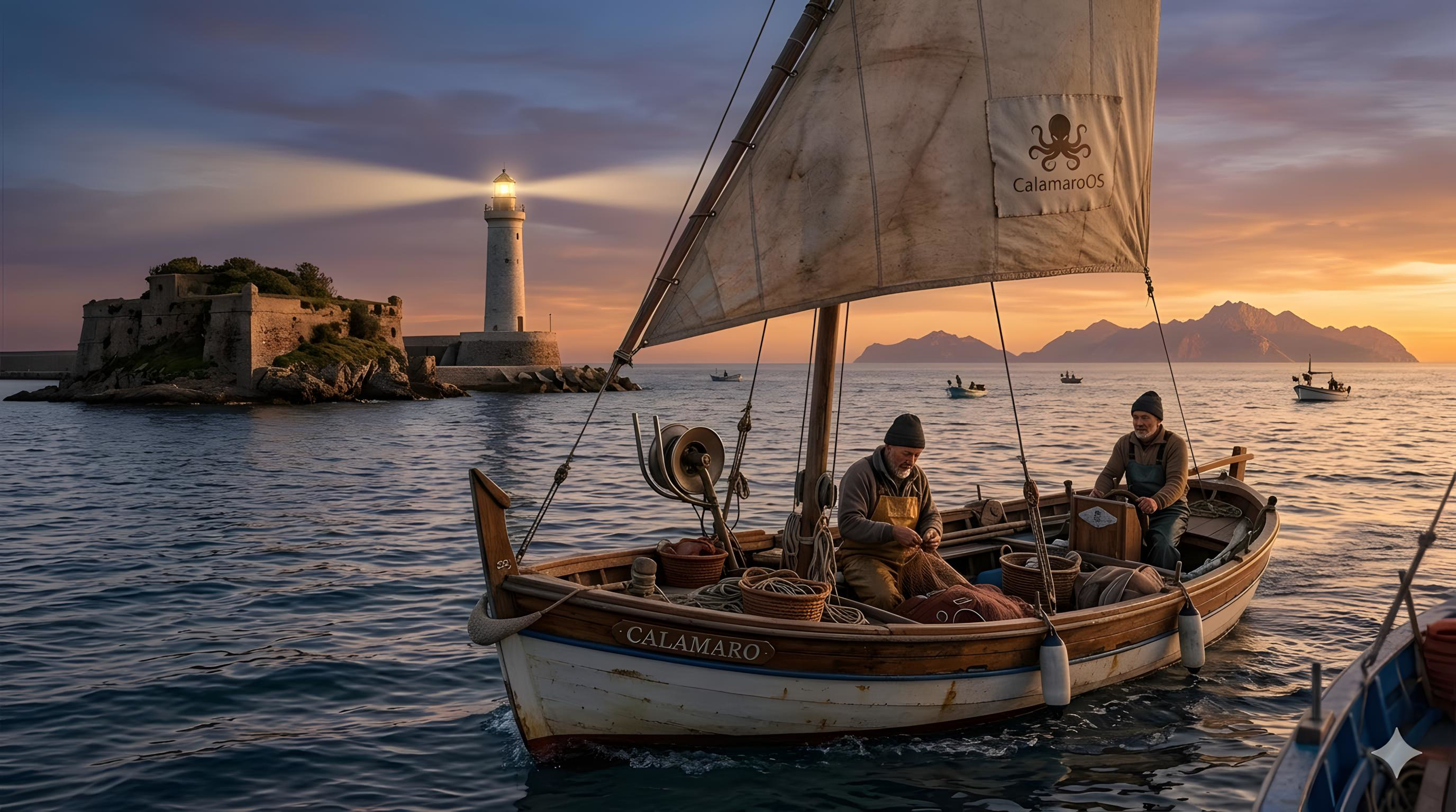 Pescatori sulla barca Calamaro al tramonto con faro