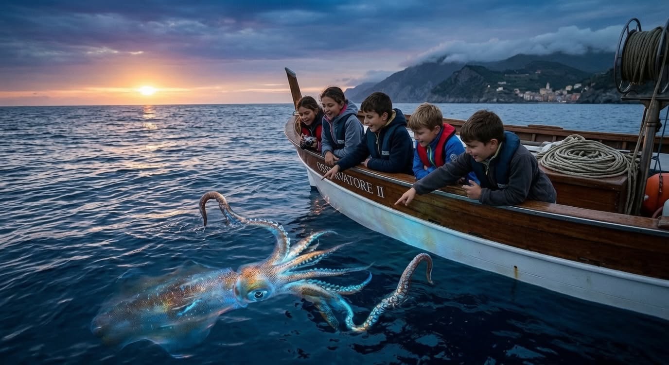 Bambini incontrano un calamaro iridescente dalla barca Osservatore II